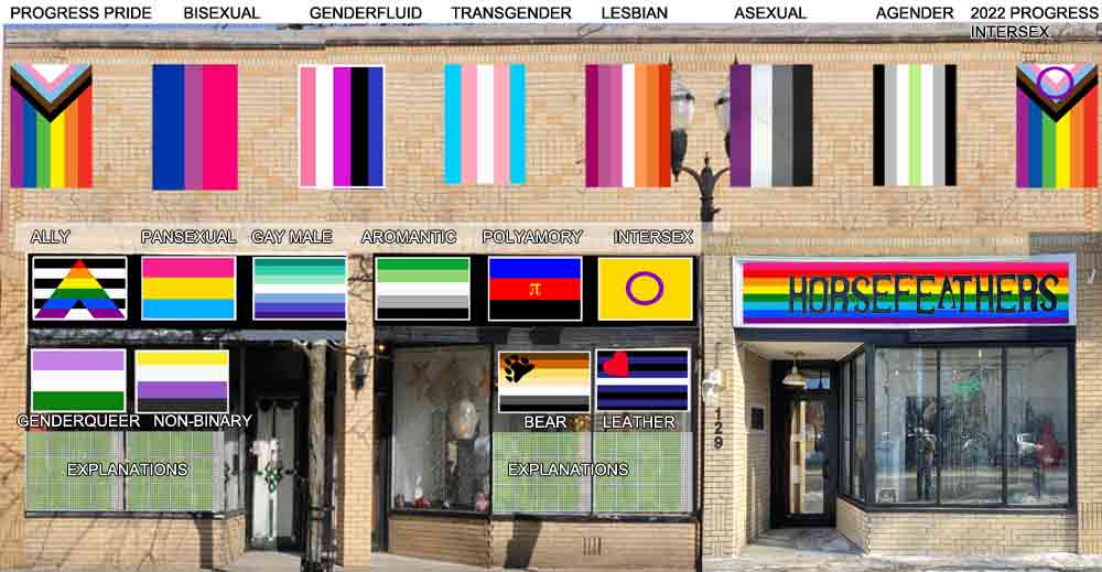 Outside of Horsefeathers store with Pride flags and names